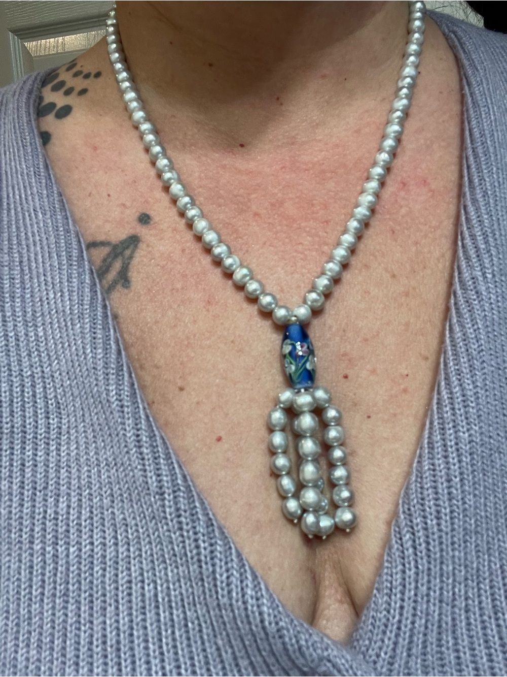 Authentic Silver Pearl Necklace with Blue Floral Accent